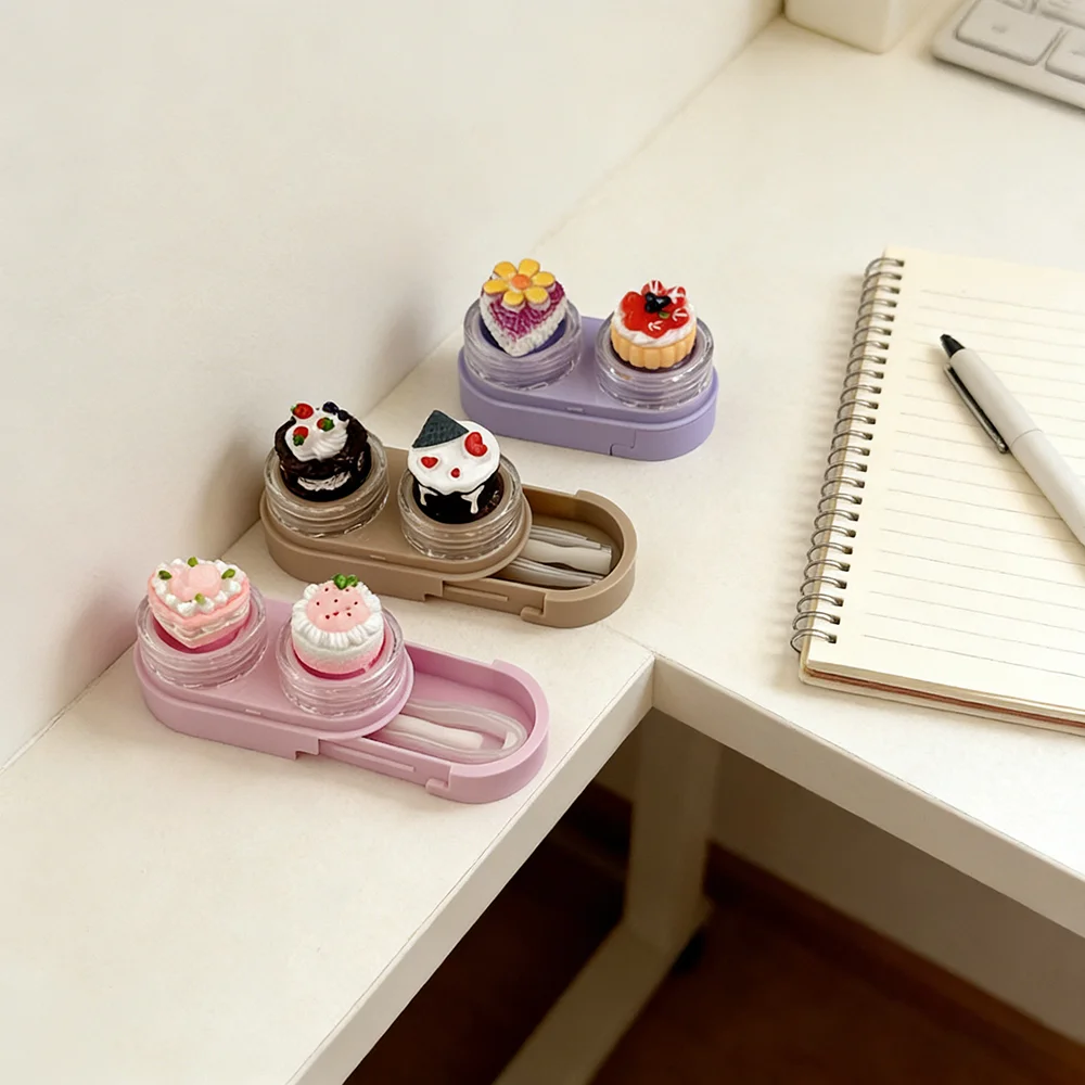 Kawaii Korean 3D Cake Contact Lens Case Portable Mini Makeup Tool Organizer Girl Students Contact Lenses Container Storage Box