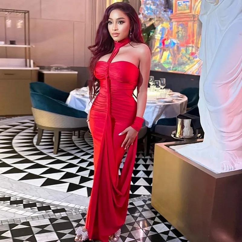 Spring Women's Clothing Backless Tie Strapless Bodycon Dress For Woman Evening Luxury Party Dress Polyester Milk Silk Fabric