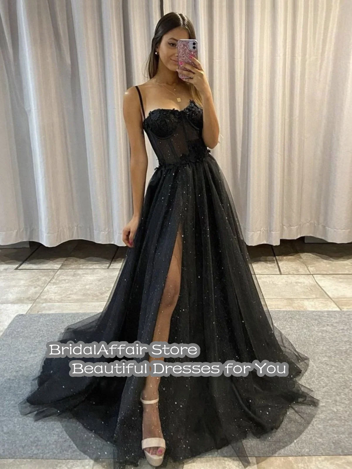 Bridalrelazione nero Glitter A Line Tulle abiti da ballo cinghie per Spaghetti ossa A cuore spacco laterale fiori 3D abiti da sera lunghi