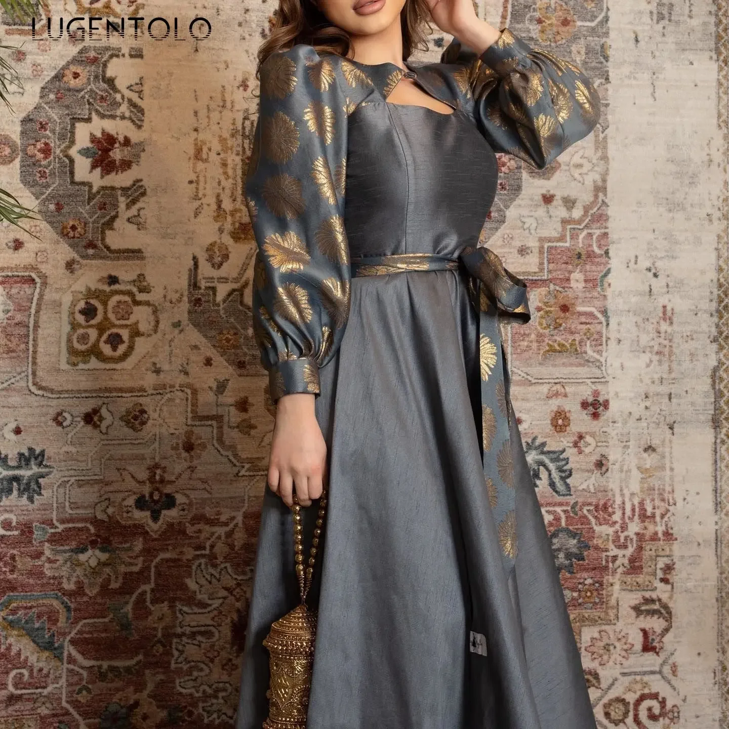 Women Sexy Satin Dress Printed Gold Party Big Swing Lady Empire Lace-up Long Sleeve Elegant Middle East Temperament Maxi