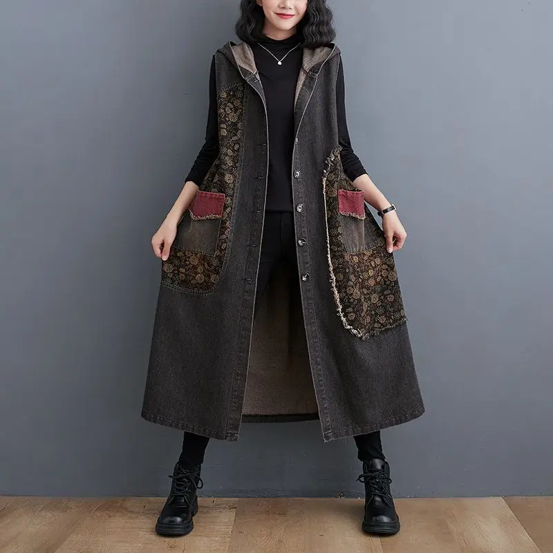 Women's Autumn Spring Tops Vests Coats Denim Long Plus Size Retro Comfortable Casual Design New Soft Niche Versatile Skinny