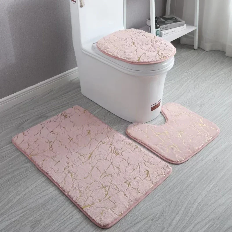 3pcs Sets White Bath Mats Gold Grey Lines Creative Abstract Geometric Art Home Bathroom Door Rug Anti-Slip Toilet Lid Mat