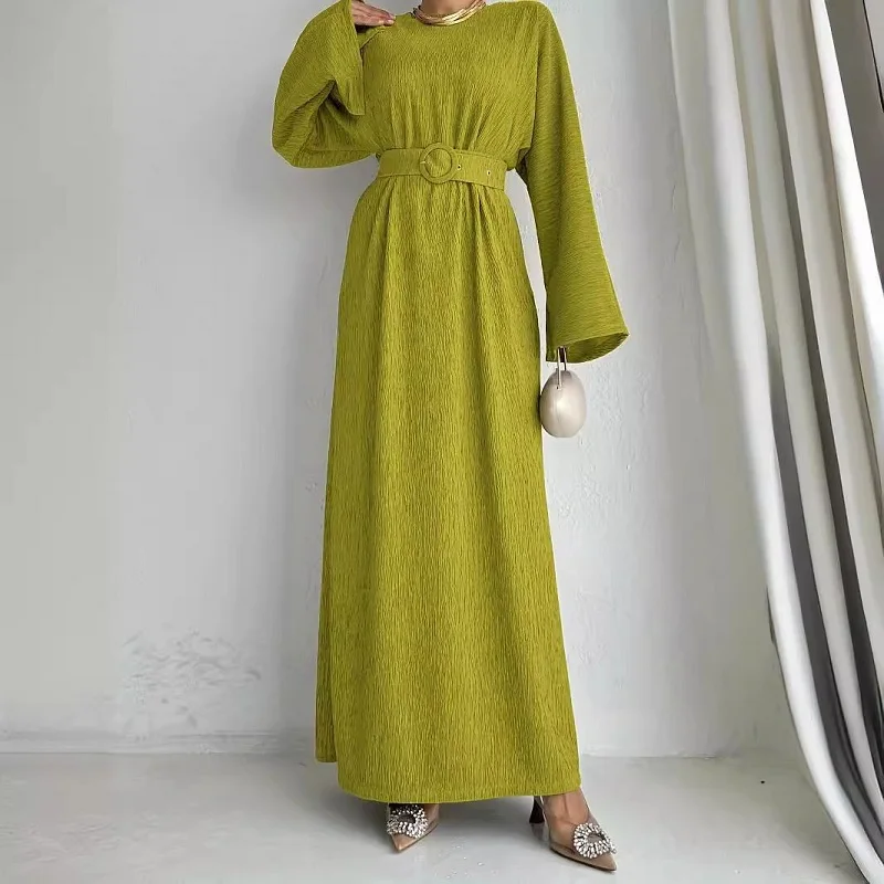 

Vintage O Neck High Waist Long Robe Dress Casual Women's Loose Commuting Dress Fashion Long Sleeve Belt Solid Color Dress Mujer