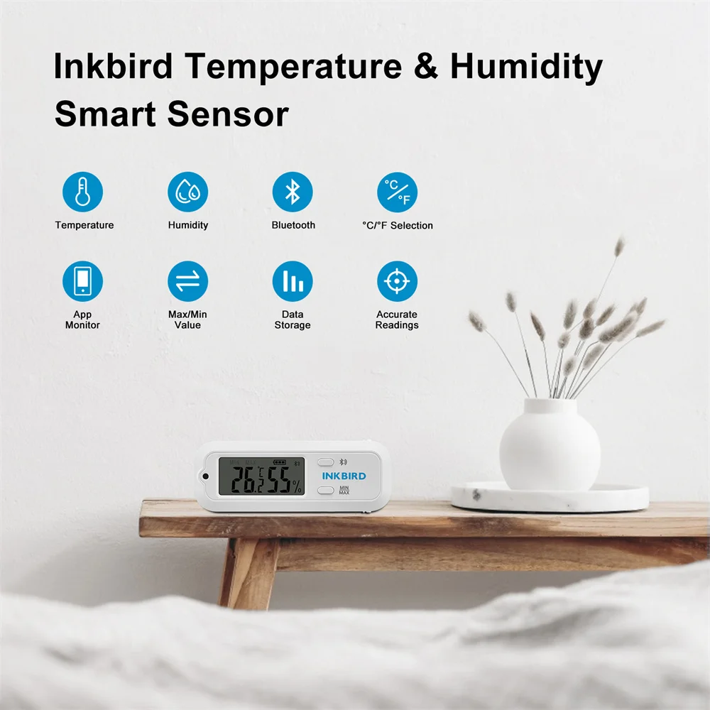 INKBIRD temperatura wilgotność inteligentny czujnik ITH-12S mały higrometr termometr 98ft/30m podłączanie dokładnych odczytów dla cygar