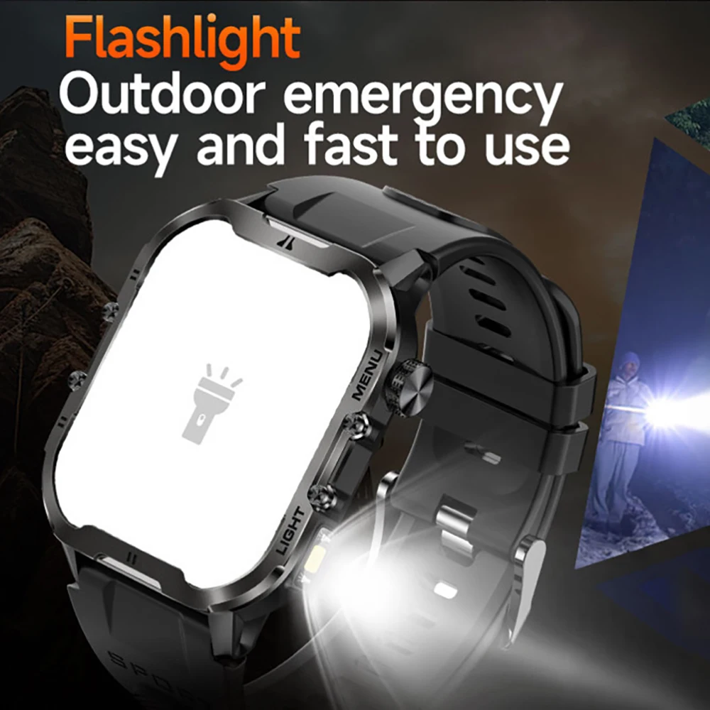 New Men Outdoor Flashlight Sports Smart Watch Health Body Temperature Monitor Smartwatch Blue Tooth Call Anti Fall 1.96" Screen