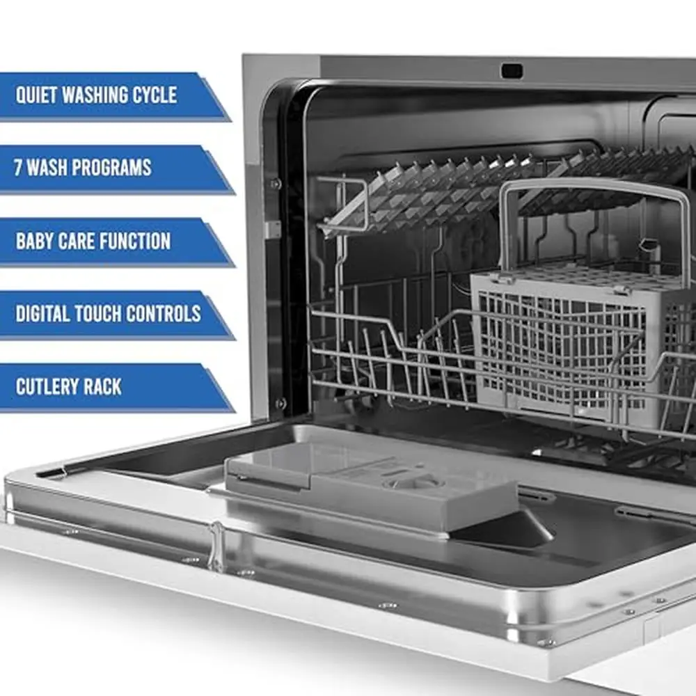 Portable Mini Countertop Dishwasher 6-Place Setting 7 Wash Programs Compact Easy Use Extra-Drying Function User-Friendly Display