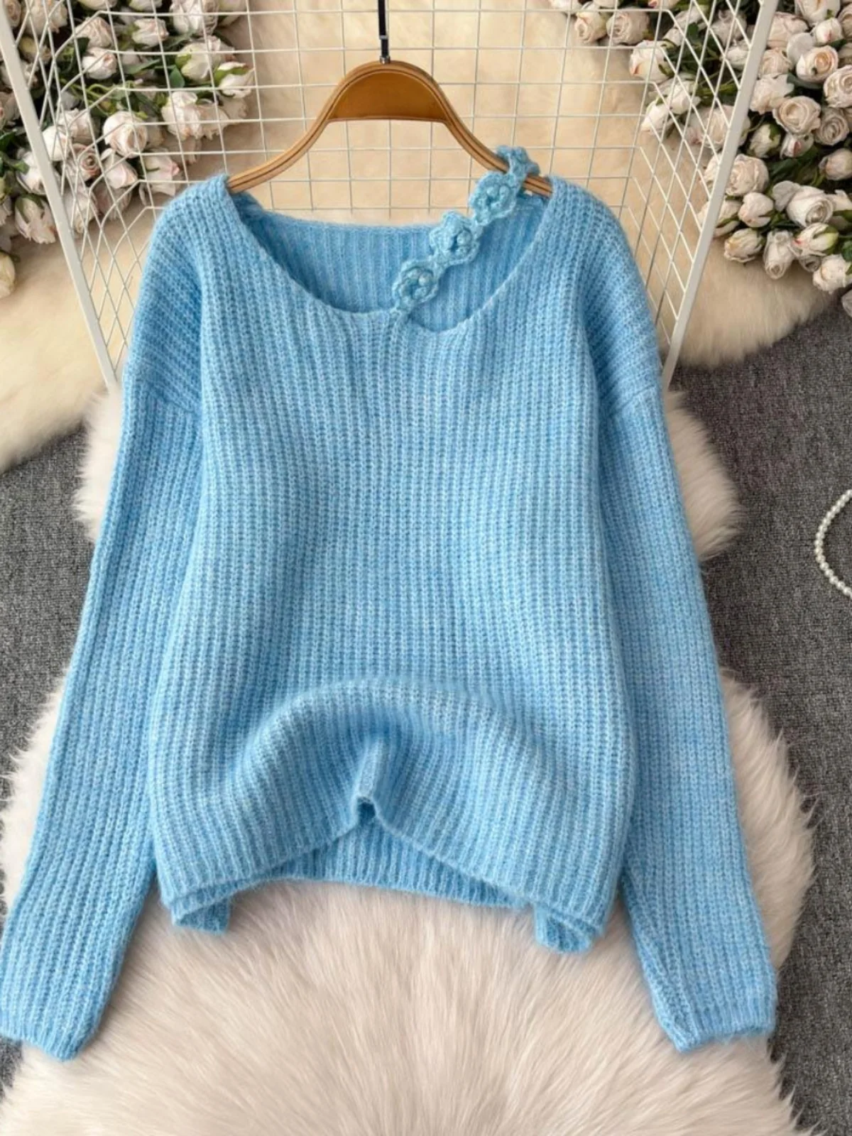 

Korean Sle round Ne 3D Flower oulder Women's Loose Sweet Knitted Sweater Autumn Winter New Arrival Comfortable Warm Top