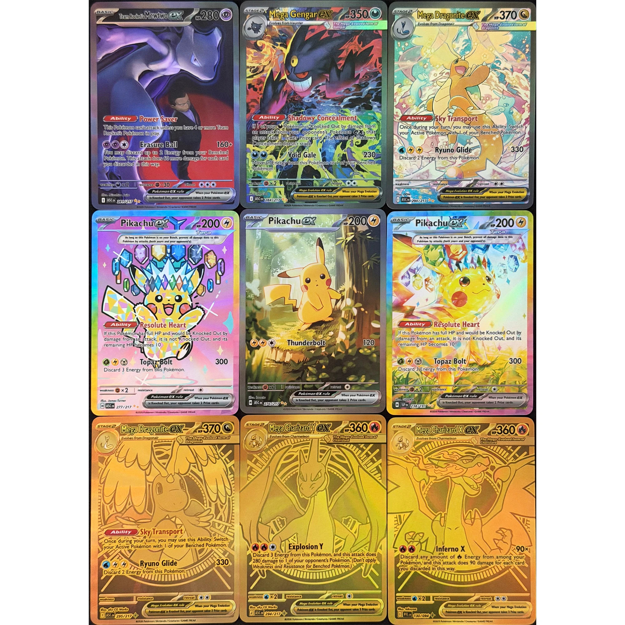 

9Pcs/set PTCG English Charizard Dragonite Gengar Mewtwo Refracted Flash Card Self Made Classic Game Anime Collection Card
