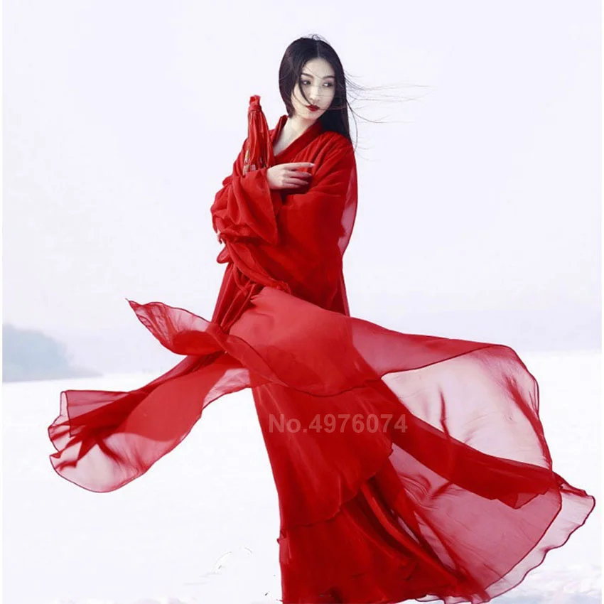 

2022 Newest Traditional Chinese Hanfu Dress for Women Solid Red Plus Size Chiffon Folk Dance Costumes Female Vintage Tang Suit