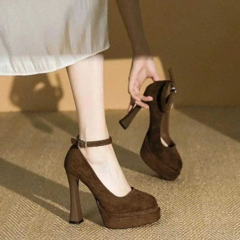 

Super High Heel Single Shoes Fashion Round Toe Shallow Mouth One Strap Suede Platform Shoes for Women
