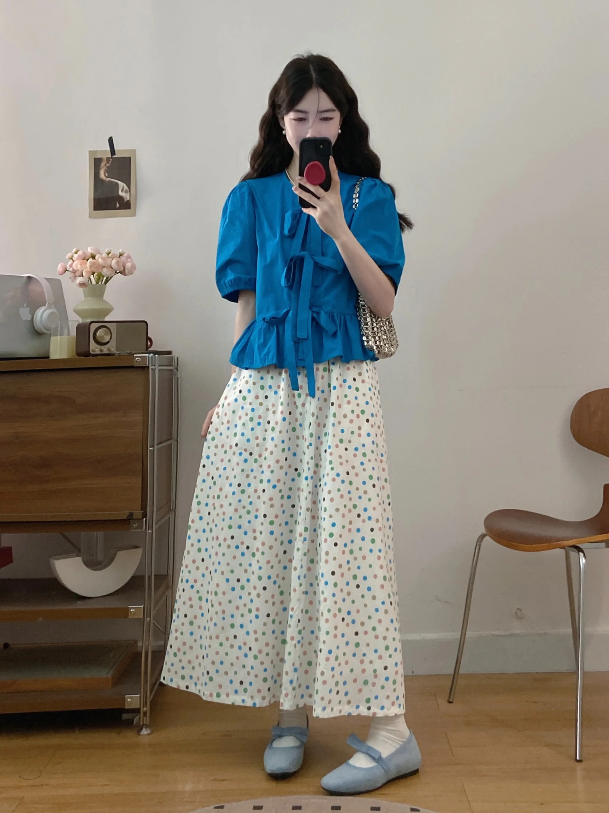 

Blue Polka Dot Knot Top And Skirt Set plus Size Women's Fashion Summer Outfit High Waist Skirt Casual Style Breathable
