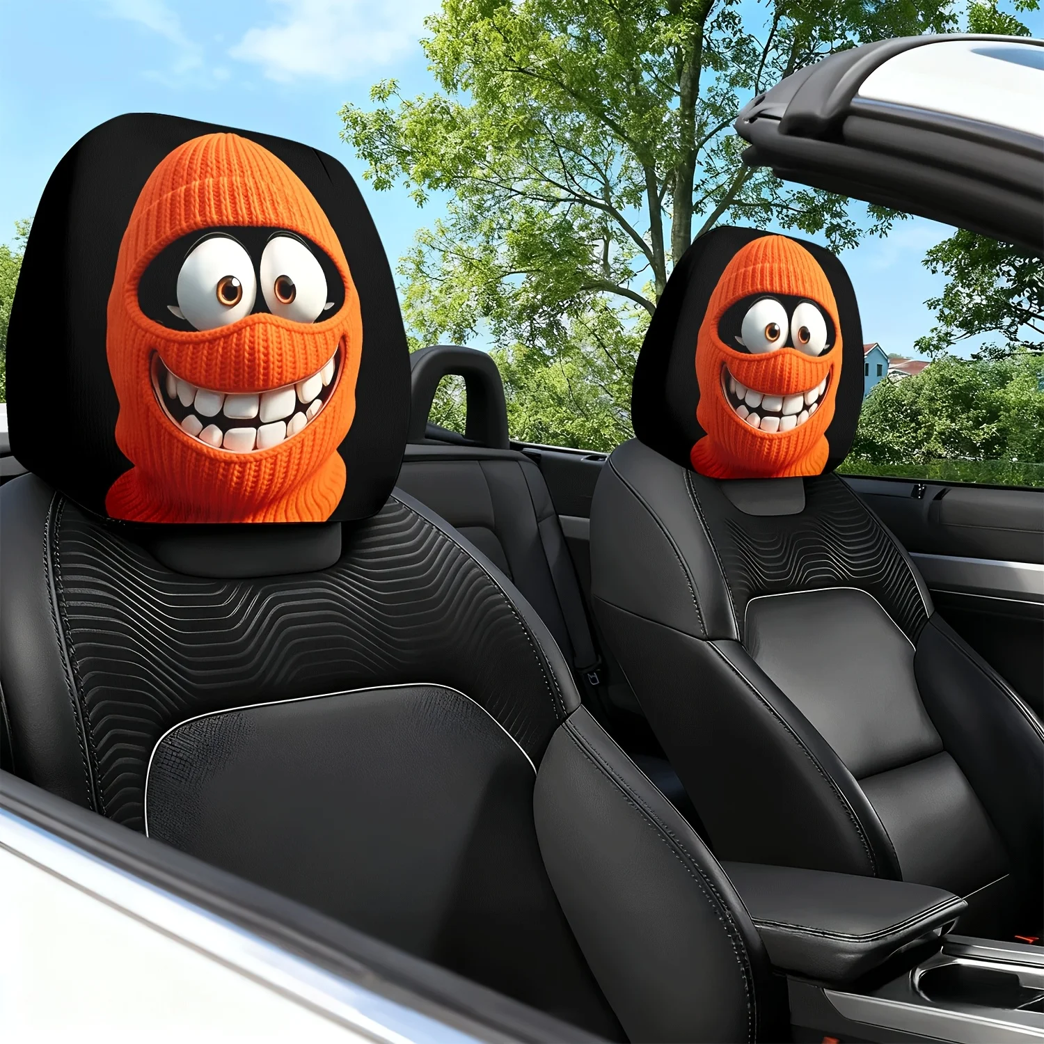 2pcs Orange Knitted Hat Cartoon Character Close-Up Themed Print Pattern Car Seat Cushion Headrest Neck Pillow Protector - Feat