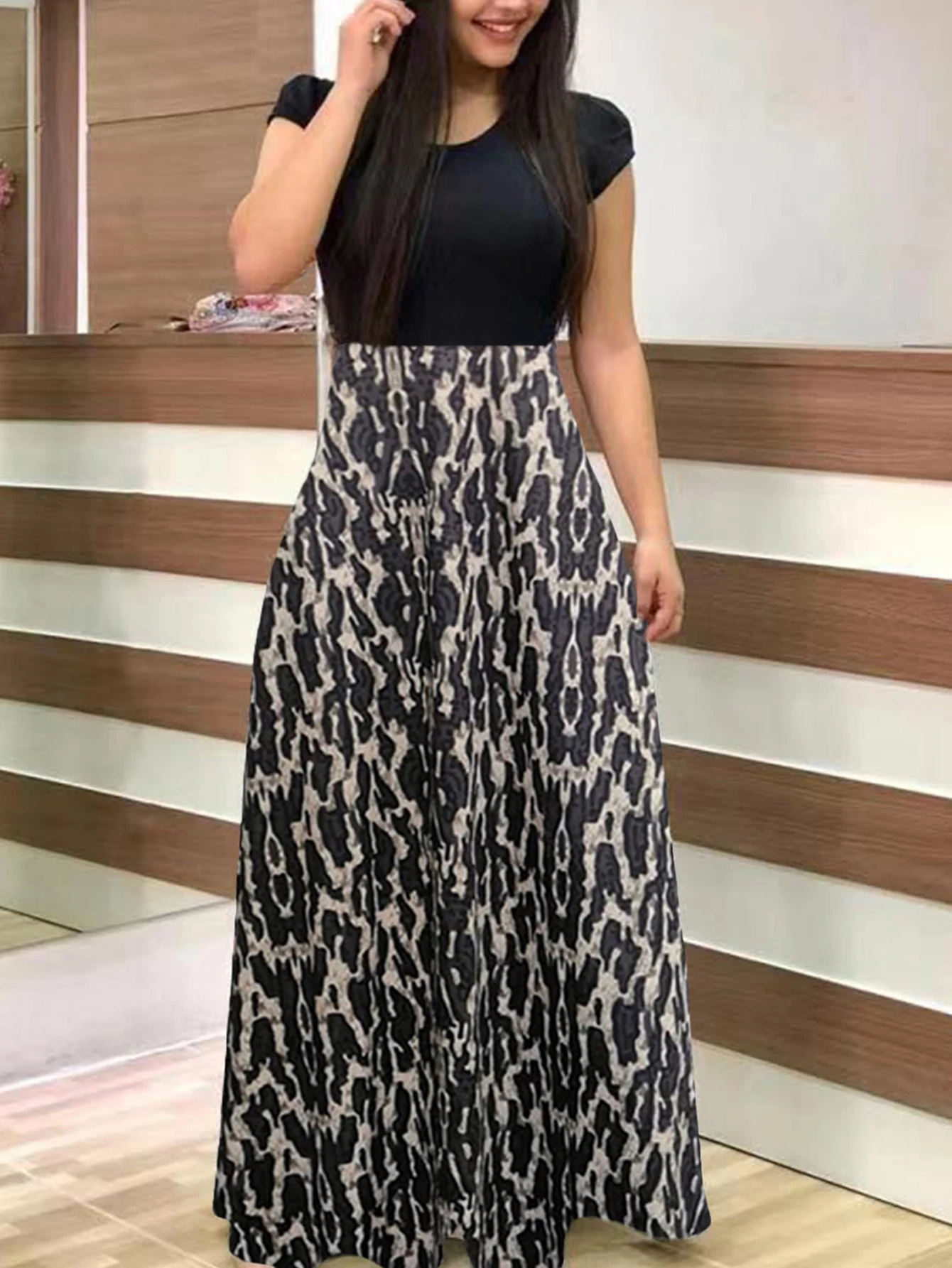 

Платье с круглым вырезом и леопардовым принтом, Повседневное платье с коротким рукавом для весны и лета, женская одежда