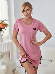 Summer Sexy Sleepwear Women Lace Hem Nightdress V-neck Short Sleeve Pajamas Nighties Nightgown Nightwear Side Split Skirt