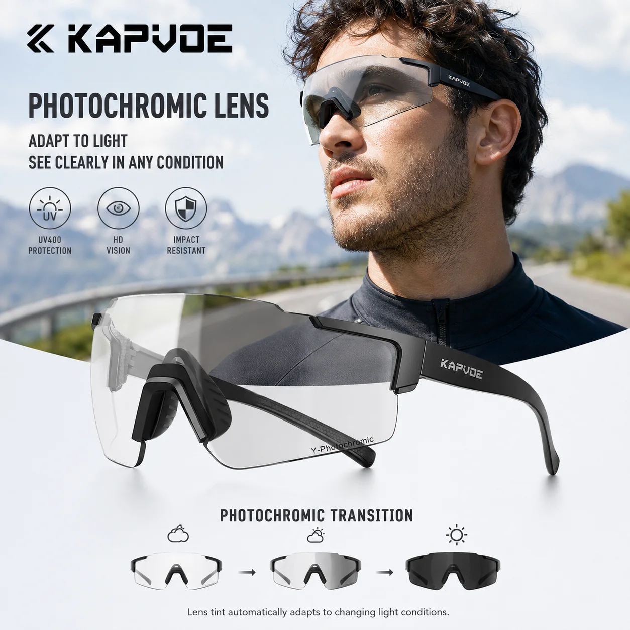 Kapvoe Photochrome Sonnenbrille, Fahrradbrille für Männer und Frauen, zum Autofahren, Radfahren, Mountainbiken, Outdoor-Sportbrille
