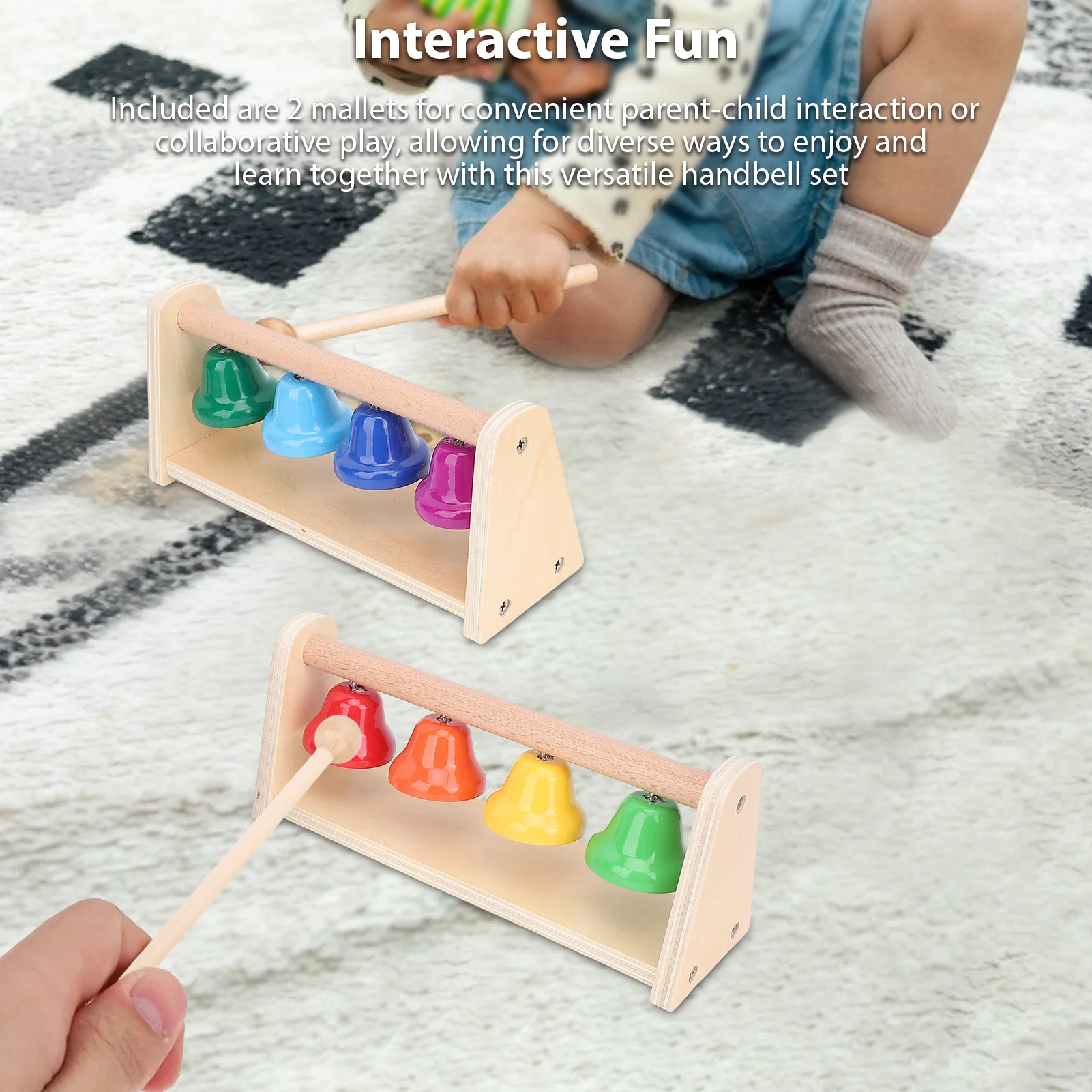 8 ملاحظات إكسيليفون موسيقية قاعدة خشبية أجراس يدوية ملونة مع 2 مطارق لتنوير الموسيقى للأطفال والتنسيق