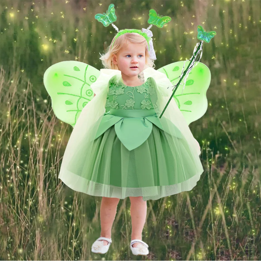 

Baby Girls 4pcs Sets Floral Green Elf Dress Kids Lace Fairy Wizard Party Dresses Princess Gown Toddler 1st Birthday Tutu Clothes