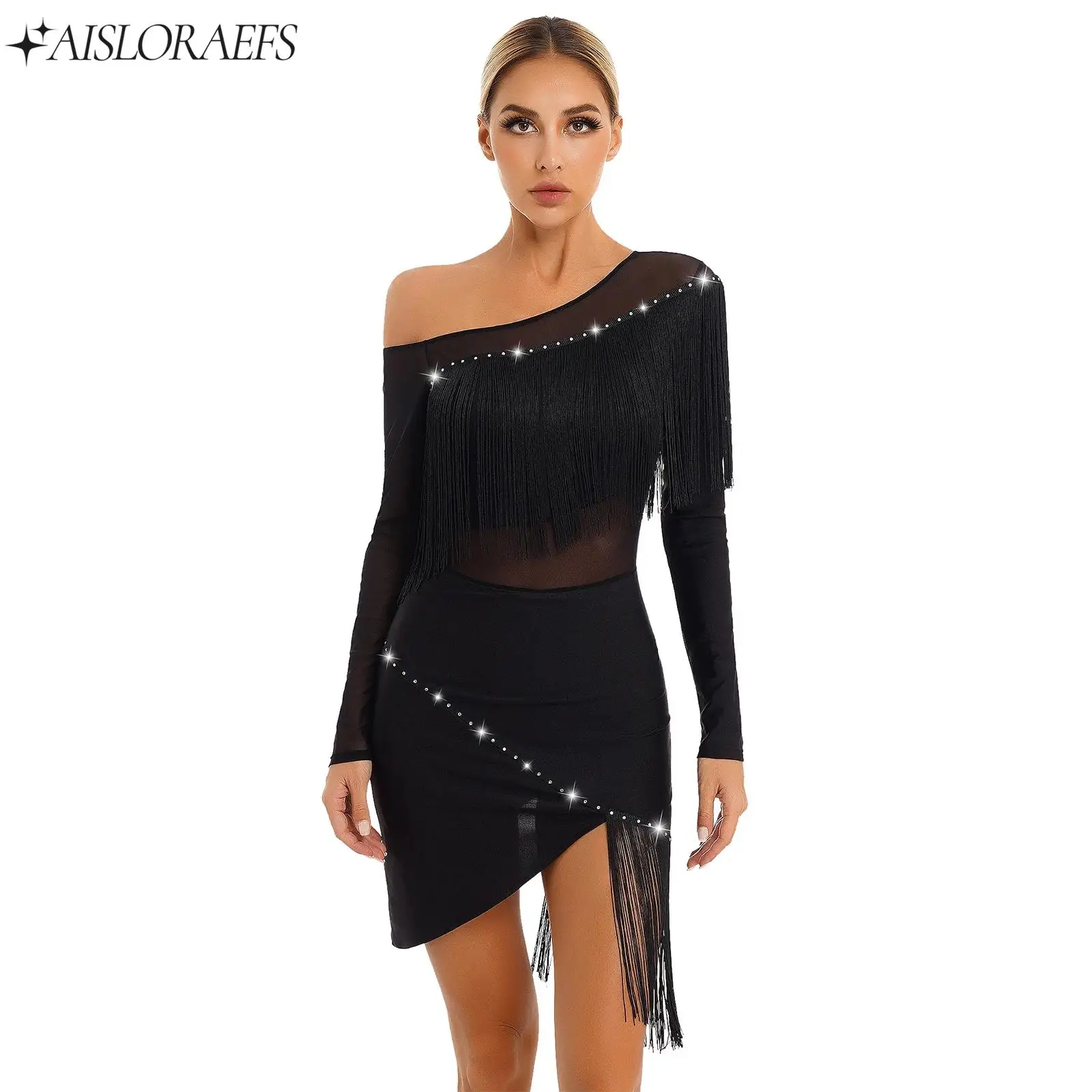 

Womens Oblique Shoulder Fringe ballet Dance Dress Sheer Mesh Long Sleeve tassel Irregular Dresses for Tango Latin Cha-Cha Samba