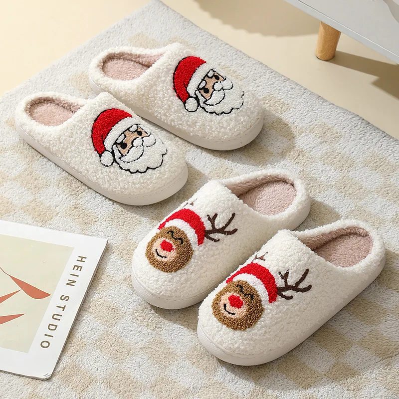 Eyriphy-Pantoufles Chaudes Bouclées en Coton et Peluche pour Femme, Chaussures Plates et Douces de Noël pour Chambre à Coucher