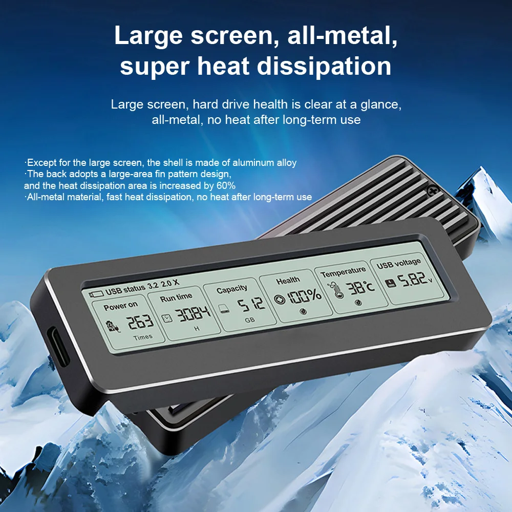 Smart Digital Display M.2 Hard Disk Box 2280 NVME PCI-E High-Speed USB C 3.2 Metal Heat Dissipation Solid Mobile Hard Disk Box