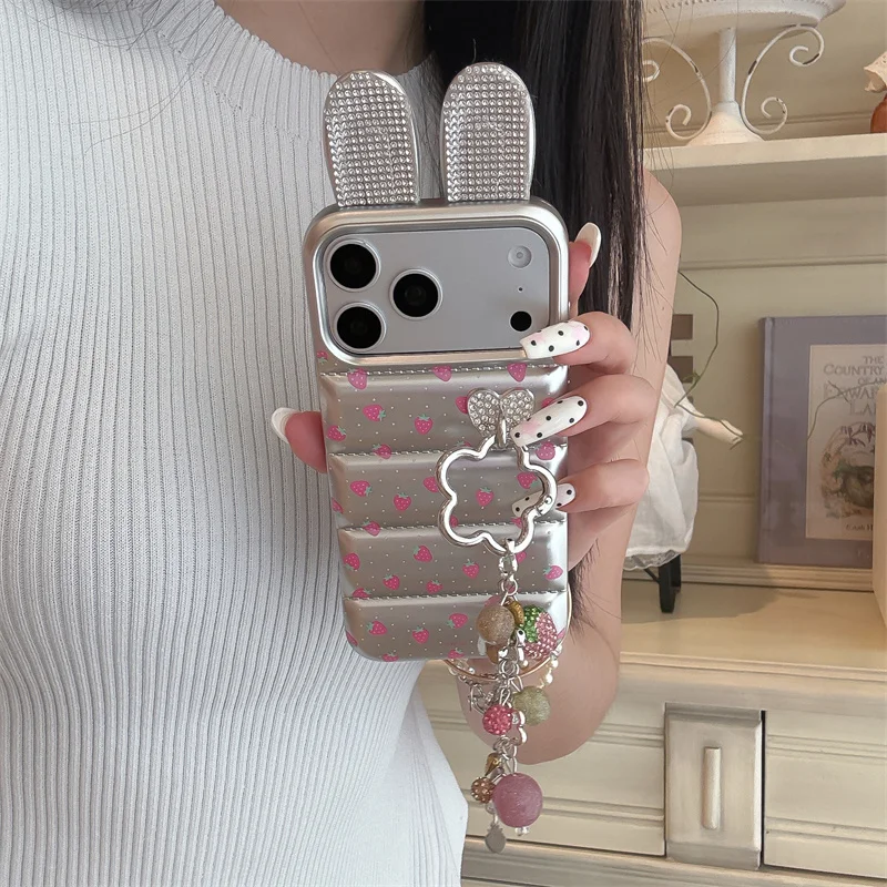

Cute Bunny Ear Phone Case With Strawberry Print & Charm Strap Shockproof Cover For iPhone 17 16 15 14 Pro Max fashion iPhone cas