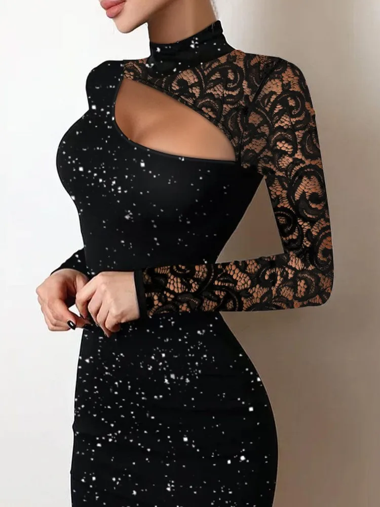 Sexy Mini-jurken Dames Vrouwelijke Feestjurken Bruiloftsgast Temperament Dames Skinny Glitter Contrast Kant Uitsparing Bodycon Jurk