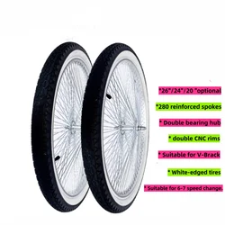Aluminum Alloy Bicycle Wheel Set, Flower Drum, White Tire, 7-Speed Bearing, Retro, 26