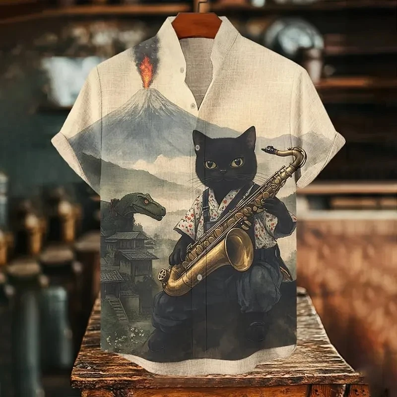 Men's fashionable black cat warrior Japanese ninja high-definition pattern printed short-sleeved button shirt