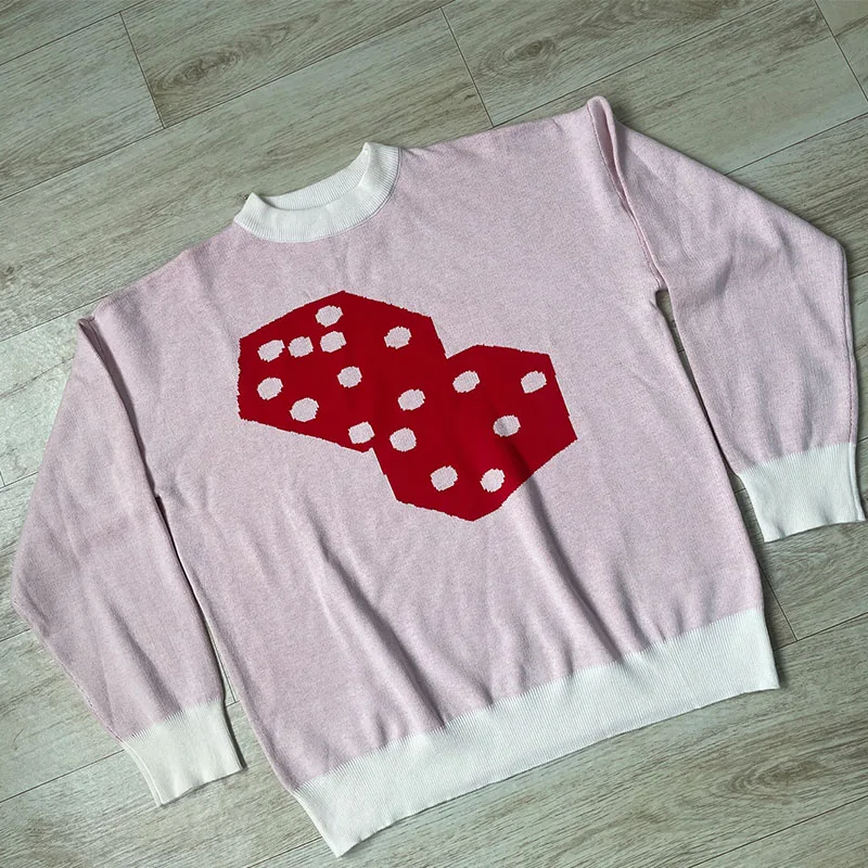 American Fashion Sweaters Unisex Red Dice Print Pink Pullover Shirts For Women Casual Y2k Long Sleeve Knit Couple Sweatshirt Top