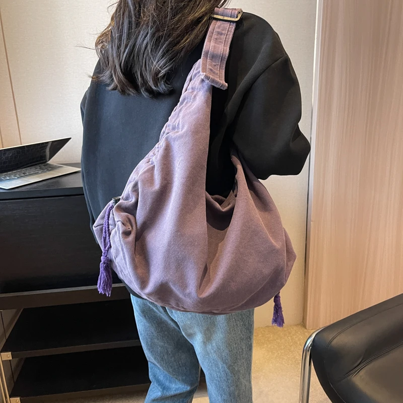 Canvas Women's Bag 2023 Drawstring Messenger Bag Y2K Shoulder Cross Bag Campus Eco Bag Shopper Korean Satchel Pocket Big Handbag