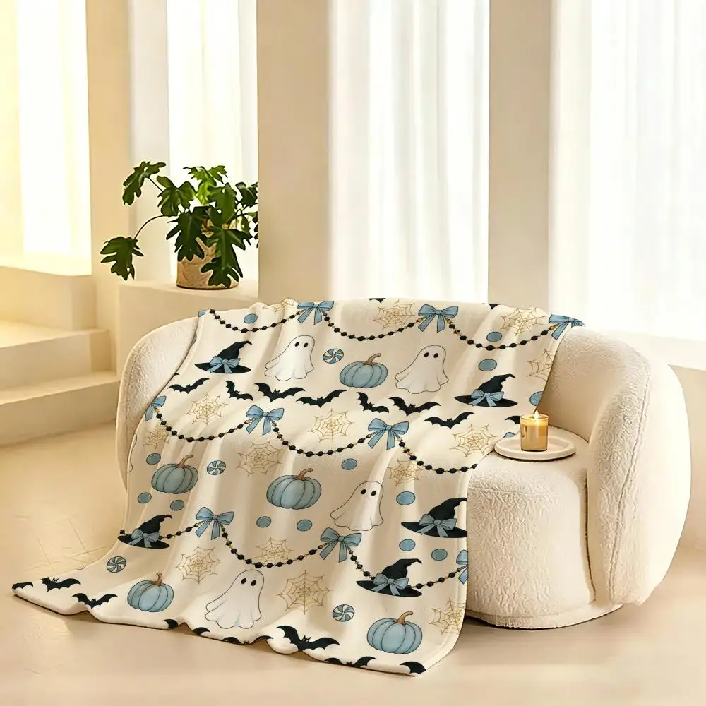 Charming Halloween Ghost Garland Throw 240g flannel blanket, suitable for sofas, beds, offices,  exquisite gift blankets