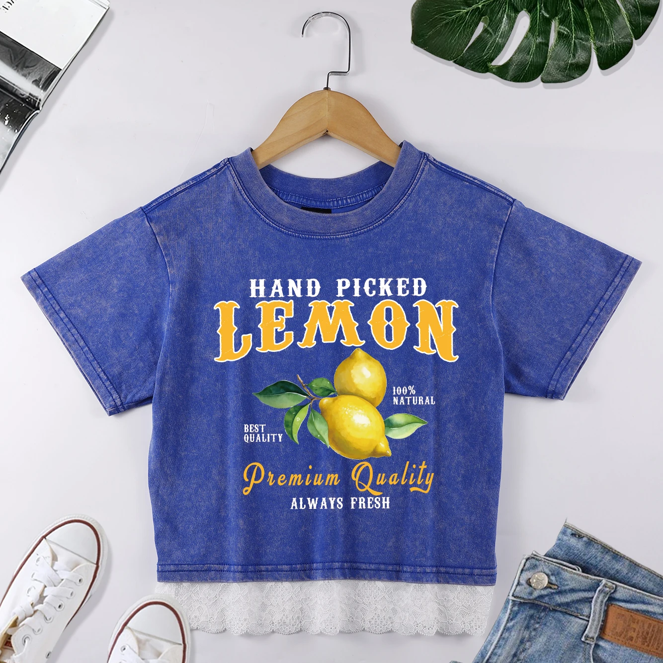 

Hand Picked Lemon Always Fresh Printed Washed Crop T-Shirt Women Cotton Casual Tee Hip Hop Clothes Lace Splicing Y2K Female Top