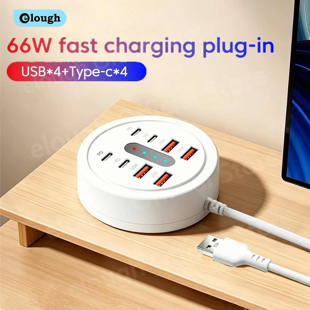 Fast USB Charger 8in1 Power Strip Desktop Charging Station 4USB+4Type C Phone Charging Wall Socket Adapter 1M Cord HUB For Home