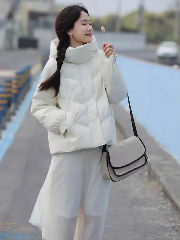 Winter Thickened Cotton Jacket Hooded Stand Collar Loose Women's Casual Style Warm Coat Short Length Zipper Closure Pure Color