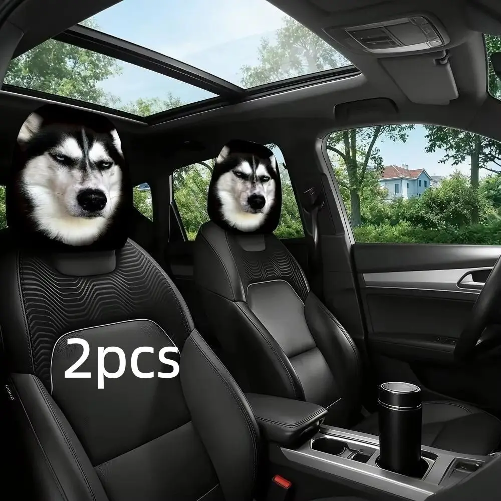 2Pcs 2D Printed Design Headrest Covers Elastic Fit Washable Husky Headrest Covers Car Interior Funny Skeptical Face