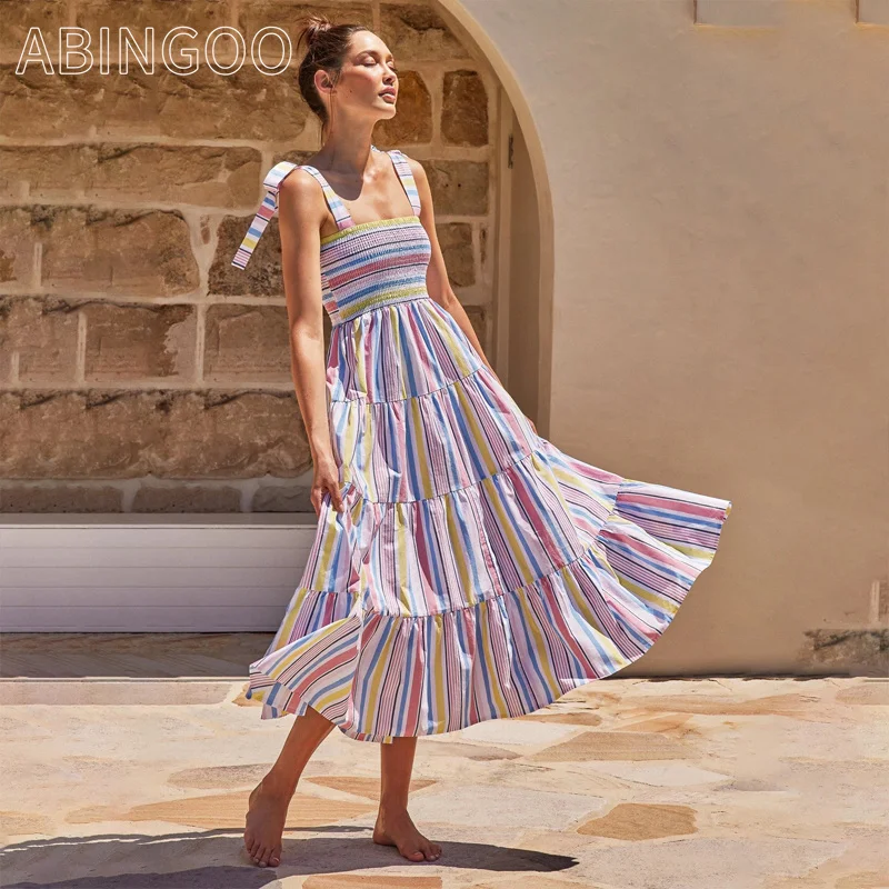 

ABINGOO Summer Beach Backless Sleeveless Long Dress Woman Leisure Vacation 2024 Bohemian Floral Print Strap Slip Maxi Dress