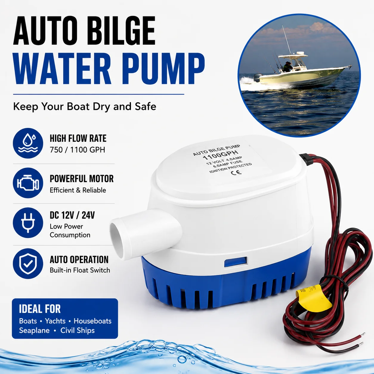 

Submersible Electric Water Pump Fully Auto Bilge Pump 750 1100GPH DC 12V 24V For Seaplane Civil Ship Houseboat Boats