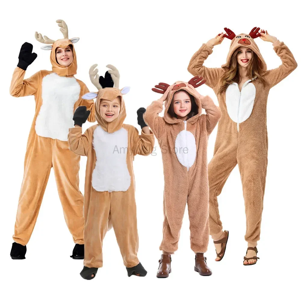 

Family Matching Reindeer Onesie Christmas Costume Plush Jumpsuit for Adults Kids Family Elk Cosplay Outfits Animal Pajamas