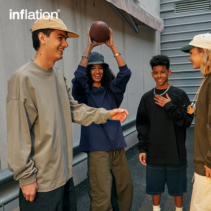 INFLATION Basic Cotton Long Sleeve T-shirts Men Heavyweight Oversize Tees Unisex Blank t-shirts Plus Size