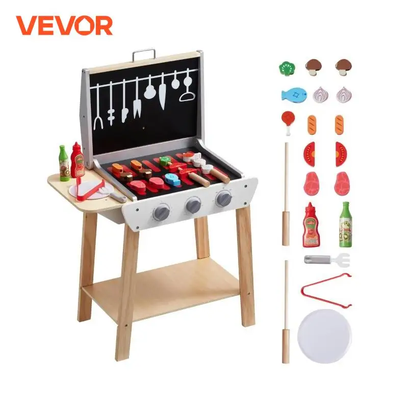 VEVOR Simulation Kitchen Barbecue Toys Wooden Grill Toy Set Montessori Pretend Play Food BBQ Toy Playset for Kids Girls Gifts