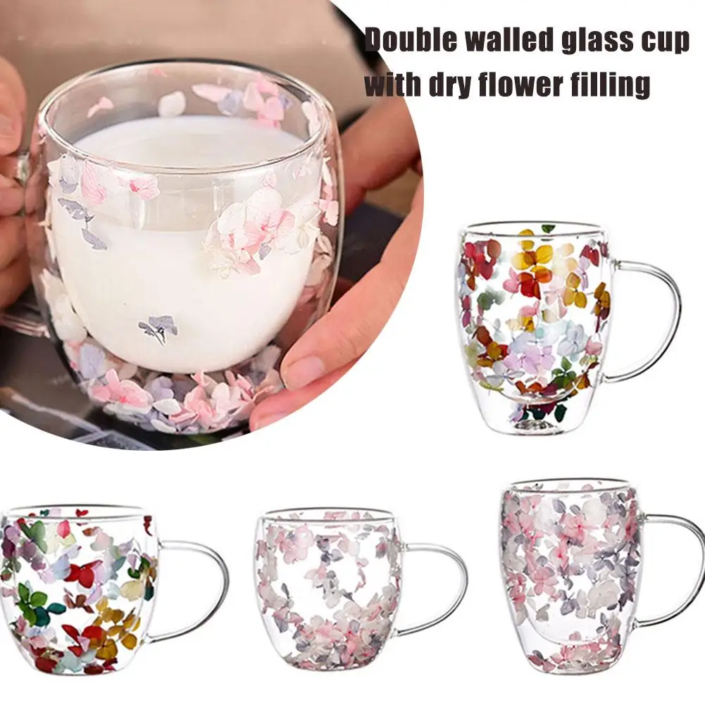 Creative Double Wall Glass Cup Dried Flower Filler Glass Cups Tea Coffee Cups Gifts High Borosilicate Glass Cups with Handles