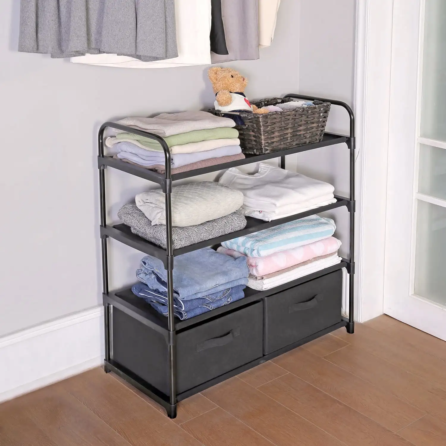 

Mainstays 4 Shelf Closet Organizer with 2 Bins, Black, Metal Frame