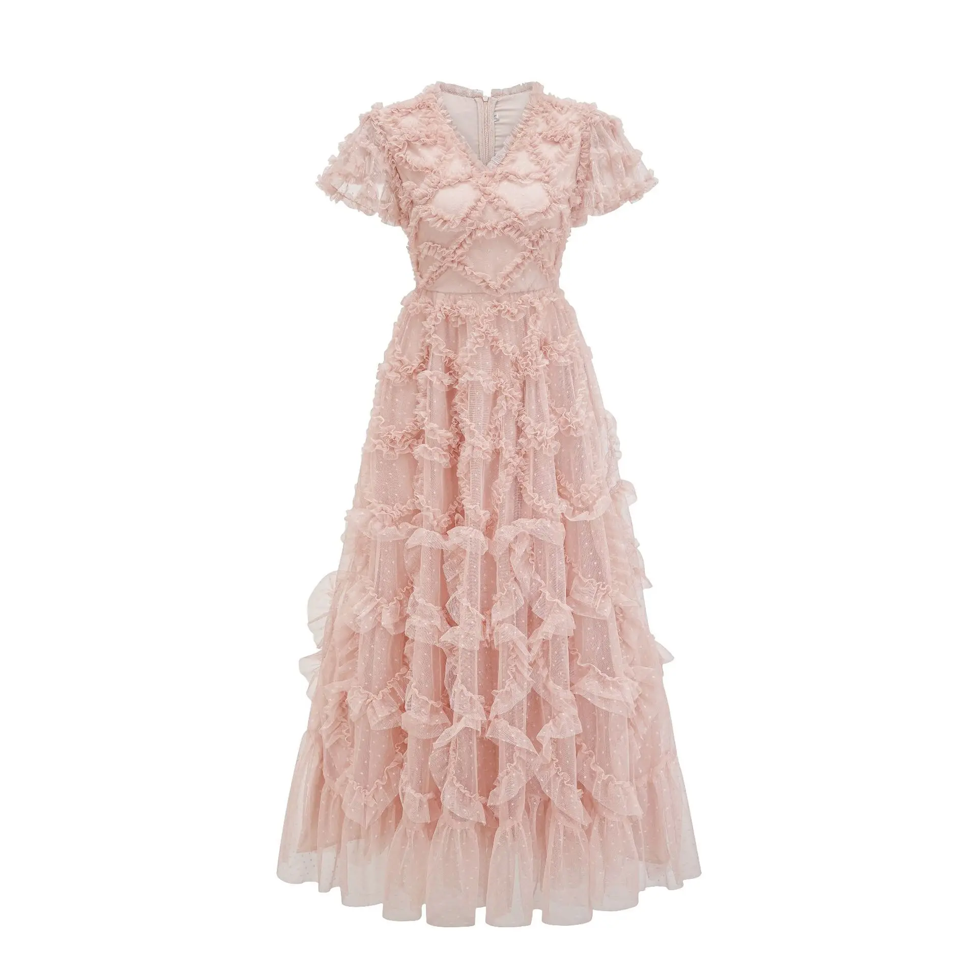 WEIN Vintage Ruffle Patchwork Polk Tulle Cascading Dresses, Floor Long, Chic Party , Runway, V Half high collar , High Quality