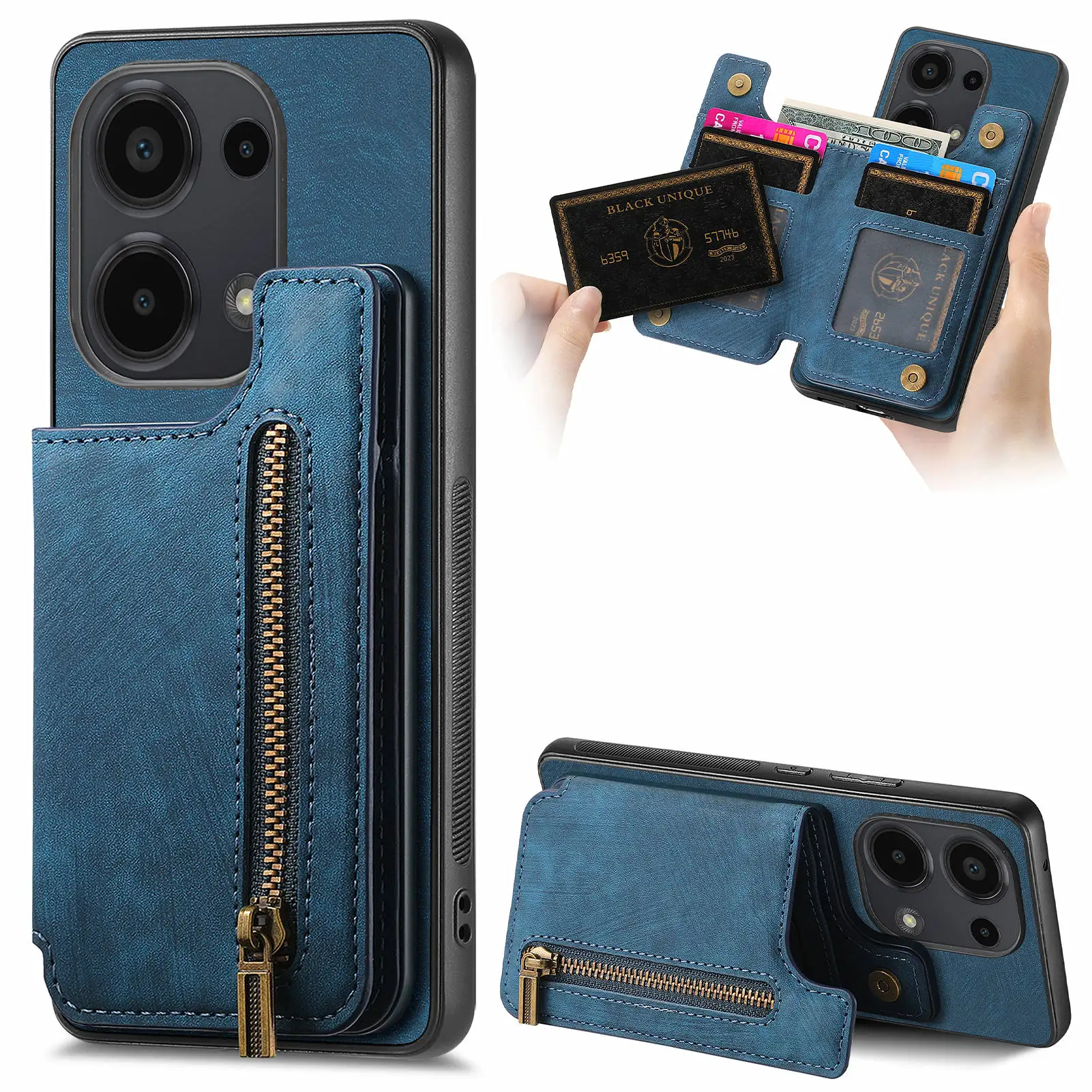 Zipper Cards Solt Wallet Leather Magnetic Case For Redmi Note 13 Pro Plus 12 11 POCO X6 X5 13T 13C Stand Retro Bag Purse Cover