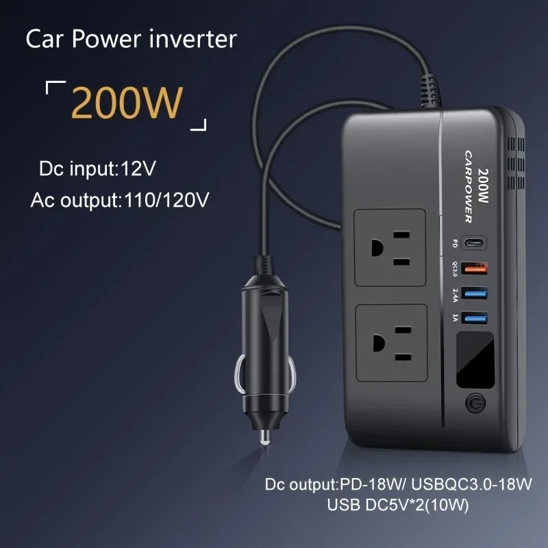 200W Intelligent Car Inverter for 110V US Standard 220V Universal Standard Multi-function ACplug Car Inverter Socket with Switch