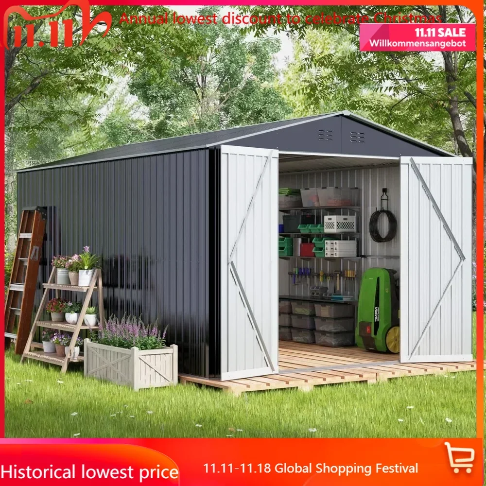 

8x12 FT Outdoor Storage Shed, Large Metal Tool Sheds with Updated Frame Structure and Lockable Doors, Garden Shed for Backyard G