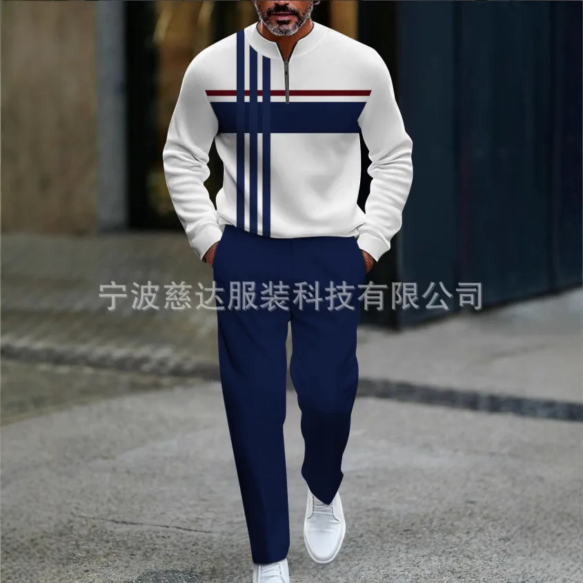 

2025 New Mens Half Open Placket Zip Pullover Casual Fashion Long Sleeve Pants Set