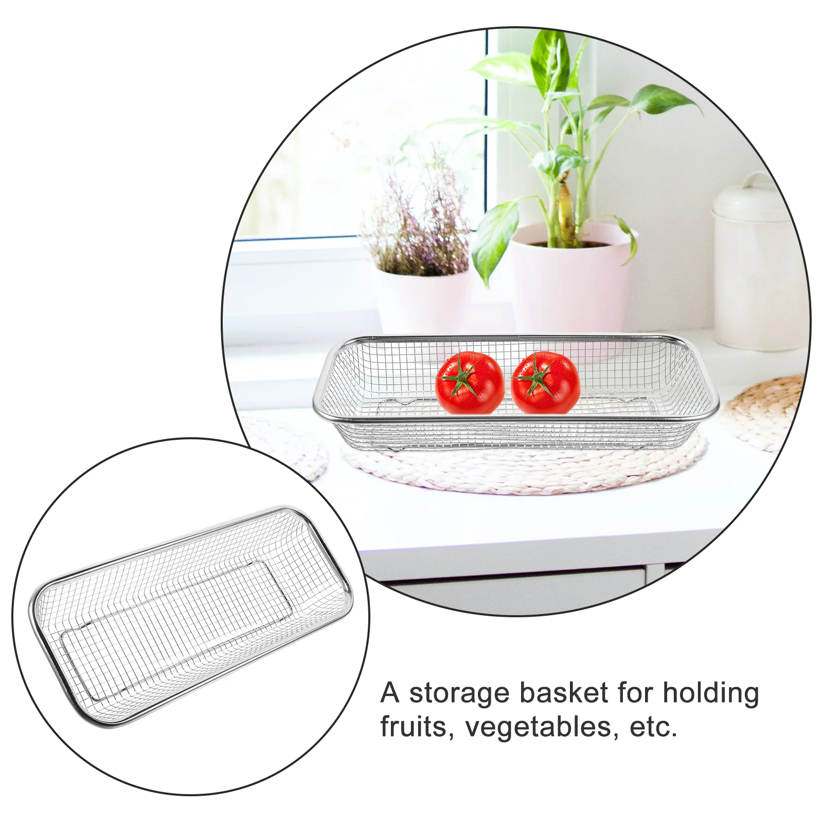 Kitchen Basket Stainless Steel Storage Fruit and Vegetable Colander Rectangle Drain