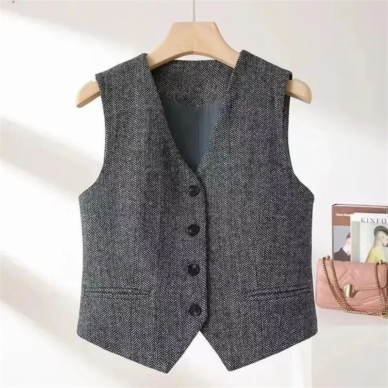 2025 Chaleco de espiga con cuello en V Retro de estilo británico, chaqueta ajustada a la moda para mujer, nuevo combinado con chaquetas sin mangas, Top informal