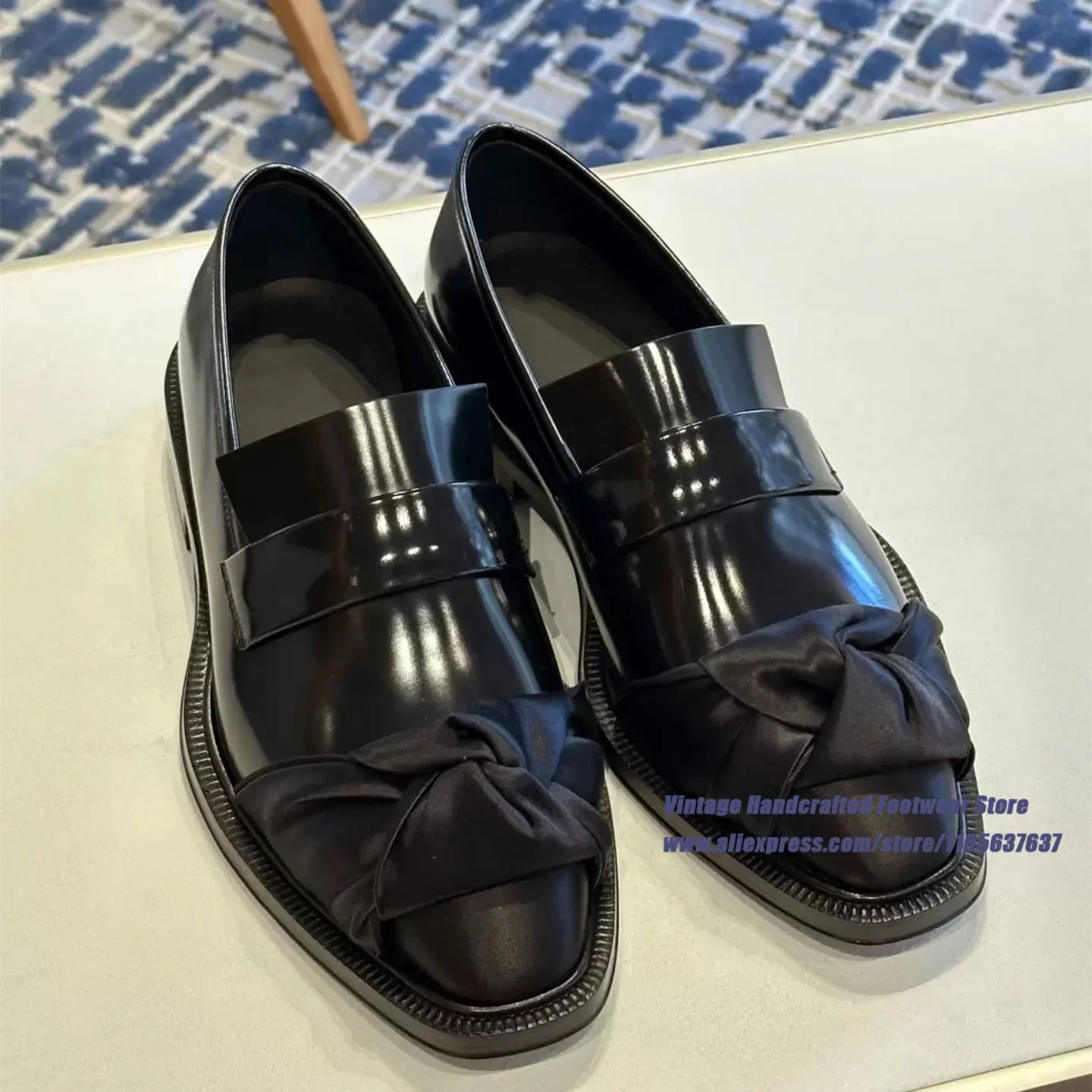 Black Patent Leather Satin Bow Square Toe Loafers Elegant Satin Knot Slip-On Low Heel Flats Vintage Handcrafted Men's Shoes